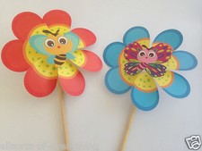 2 x Large 2D Flower Windmill wooden Stems Garden Ornament 46cm long Windmills