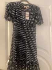 NWT Michael Kors Navy Blue/WH Polka Dot Short Sleeve Ruffle Dress Size XS CUTE