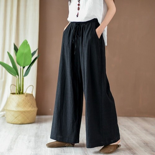 Femme Pantalon Loose Coton Lin Mélange Cordon Taille Élastique Jambe Large - Picture 8 of 17