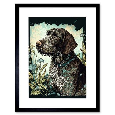 Deutscher Drahtkopf Zeiger Hund Wildblumen gerahmter Wandkunstdruck Bild 12x16