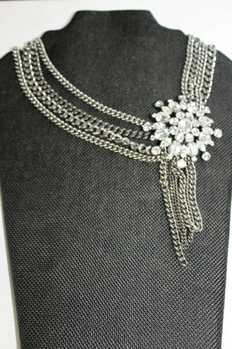 Clear Rhinestone & Silver Tone Chains Heavy Necklace Prom Wedding Pageant Bling - Picture 2 of 6