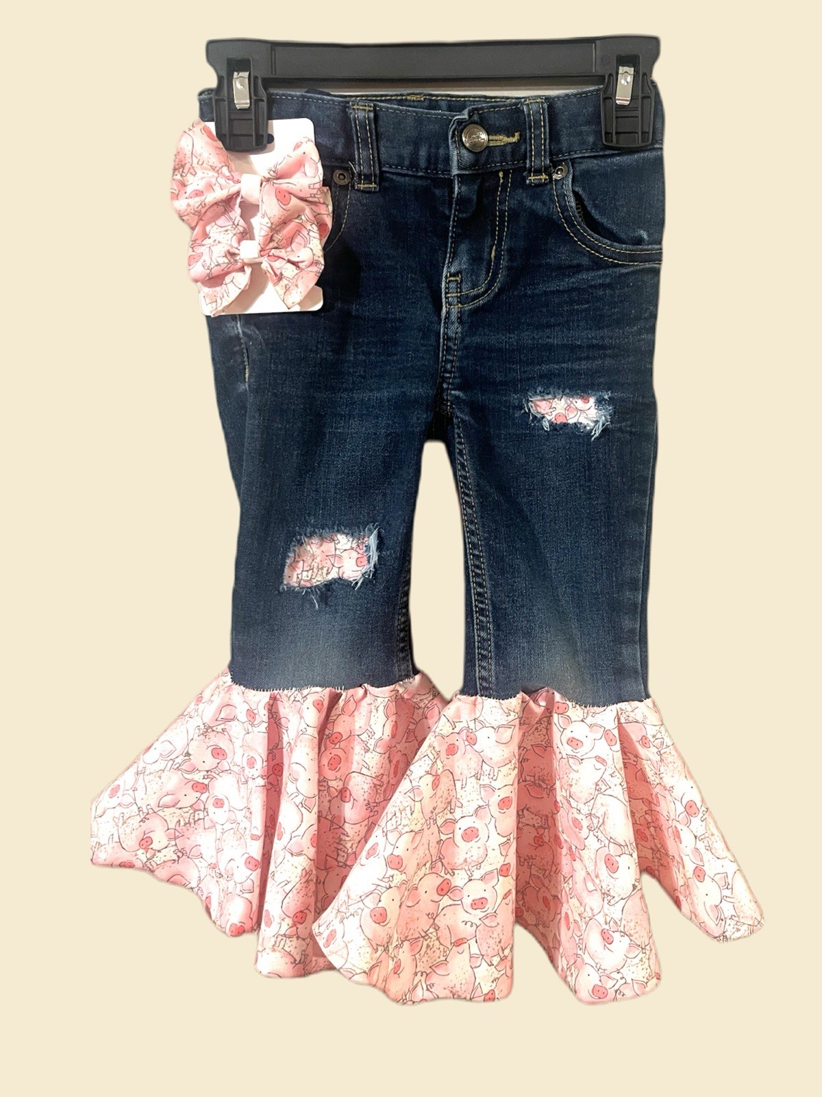With Floral Ruffle Hem And Matching Pink Hair Bow