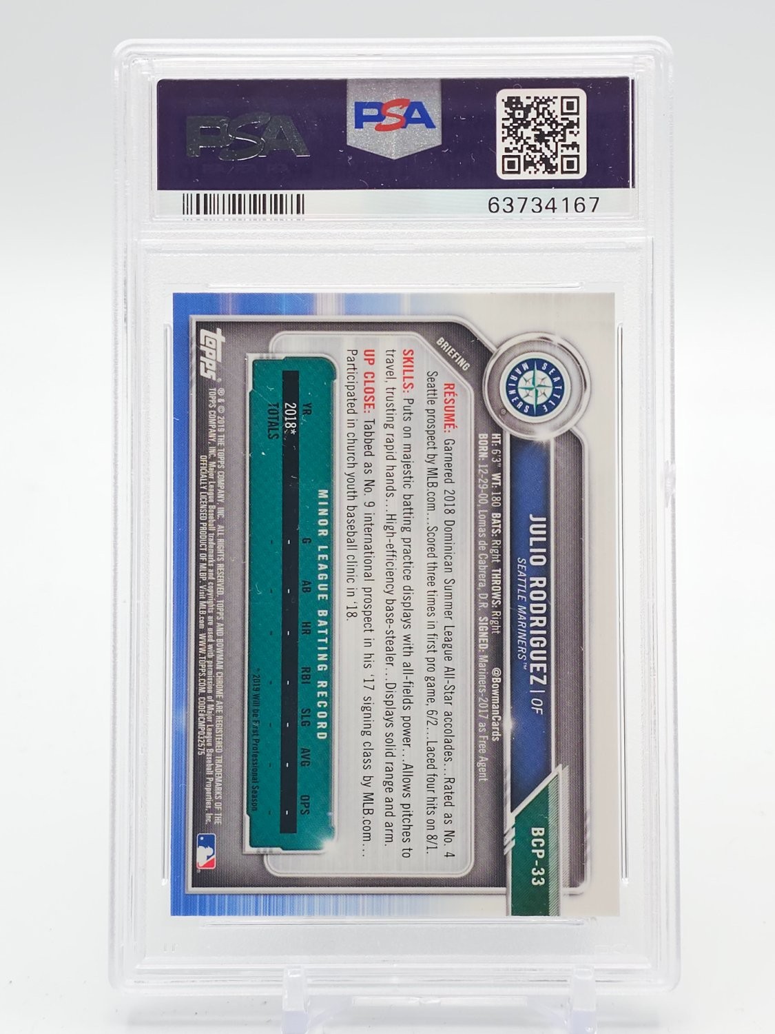 JULIO RODRIGUEZ 2019 BOWMAN CHROME PROSPECTS ATOMIC REFRACTOR 1ST PSA 10 Q5939 view 2