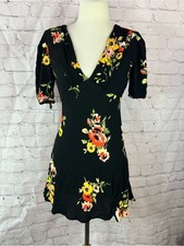 Free people Floral V-Neck Black Mini a-line Dress women 4 fit & flare boho