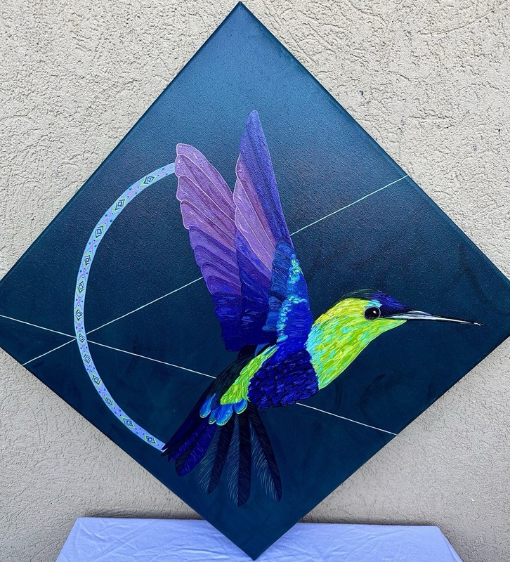 Contemporary Hummingbird Birds Painting on Canvas, Diamond Orientation, Unframed