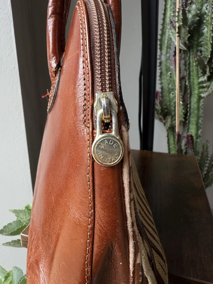 Cartera Cartera Carla Marchi vintage hecha en Italia de cuero marrón y lona a rayas Foto 2 de 4