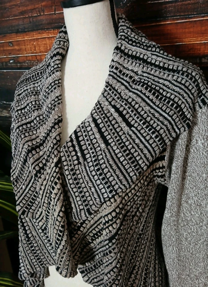 Style & CO Cardigan Sweater Shawl Collar Knit Beige Black Boho Open 100% Cotton - Image 2 of 4