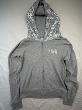 VTG Y2K Victorias Secret Sequin Love Pink Zip Hoodie Grey Silver Sz Small