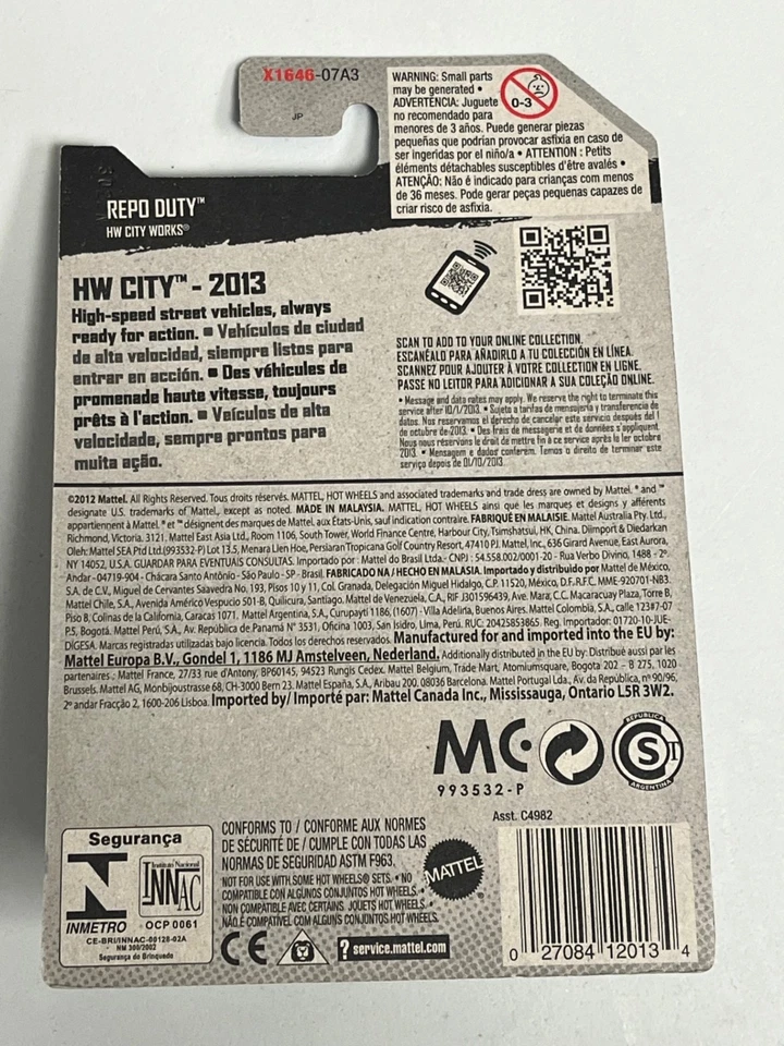 Hot Wheels HW City Works #50/250 REPO DUTY rojo y negro A123 Foto 2 de 2