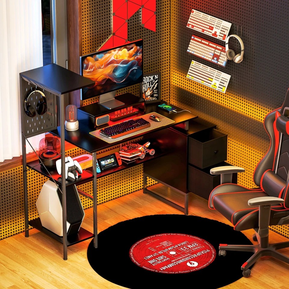 Escritorio para ordenador 56" con luces LED, escritorio para PC con soporte para monitor, negro Foto 2 de 4