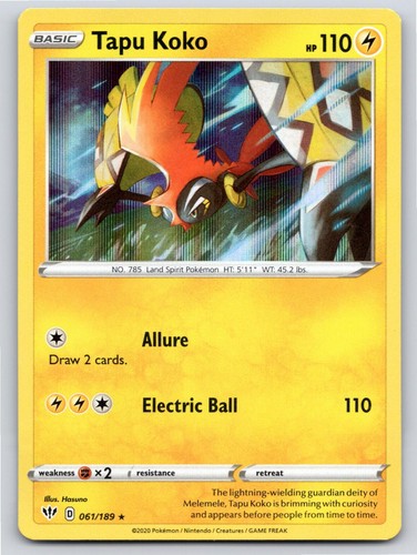 2020 POKEMON DARKNESS ABLAZE TAPU KOKO 061/189 HOLO R NM A99280 FREE S&H