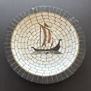 Norse Viking Longboat Ship Heidi of Denmark  Stone Mosaic Plate Est 1950's