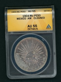 MEXICO 1904 Mo PESO SILVER COIN SLABBED ANACS AU 55 DETAILS KM# 409.2 AS SHOWN