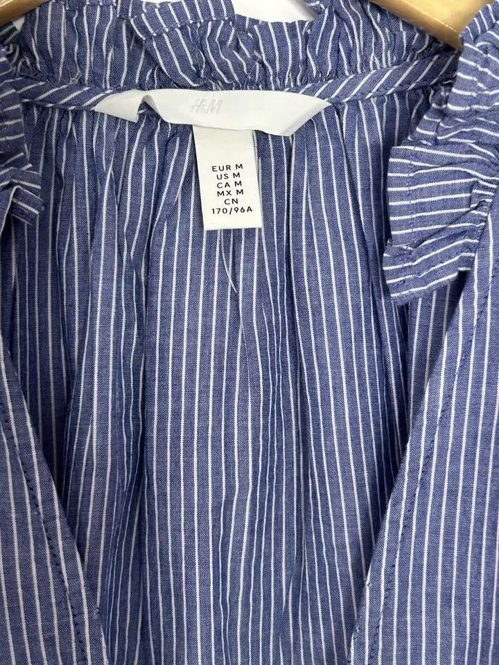 BNWOT H&M frill trimmed pure cotton blouse blue white stripe M Medium 1280449007 - Image 2 of 4