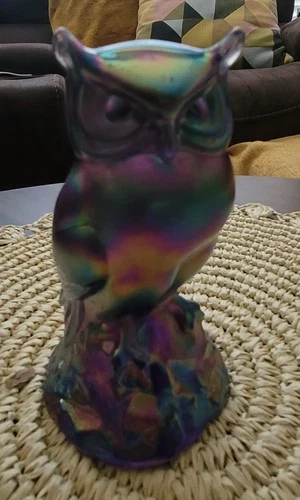 Fenton Iridescent Carnival Glass Owl Figurine - Amethyst 6"- signed Frank Fenton