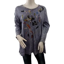 JESS & JANE Purple Abstract Print Long Sleeve Tunic Top Large Made in USA Artsy