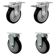5 Inch SS Black Polyurethane Top Plate Caster Set 2 Lock Brake 2 Rigid SCC