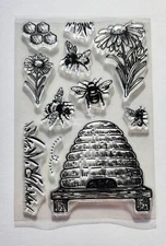 Bee hive and bees with flowers Clear rubber stamp set 4x6"