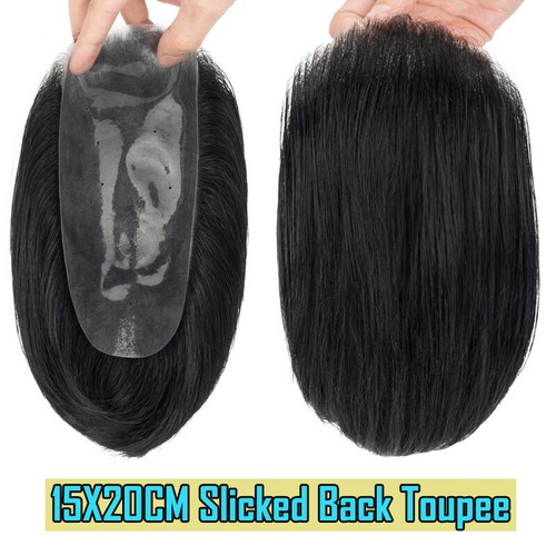 Thin Skin Men's Toupee Human Hair Replacement System Wigs Hairpiece Slicked Back - Picture 24 of 27