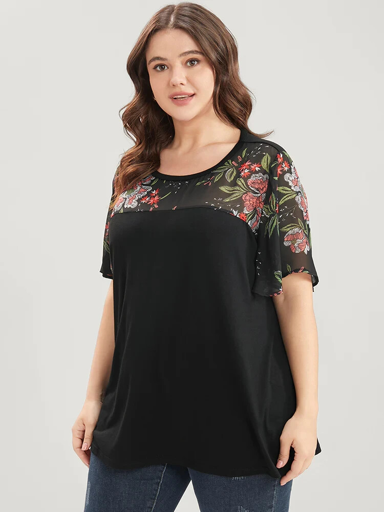 Bloomchic Floral Mesh Patchwork Ruffle Sleeve Round Neck T