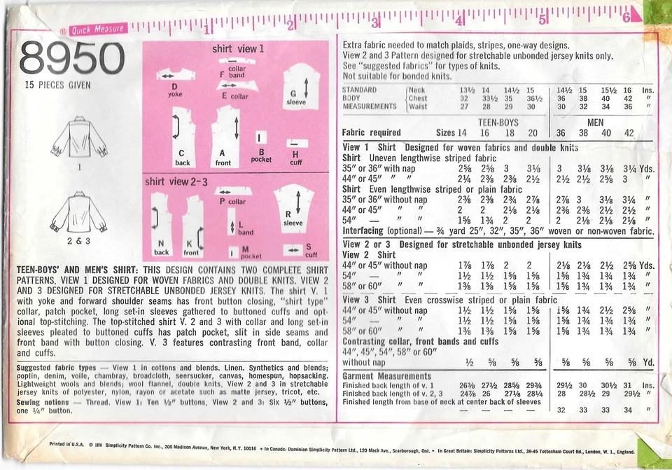 Vintage 1970 Simplicity Sewing Pattern # 8950 Men's Shirt: Size 40 Waist 34" - Image 2 of 2