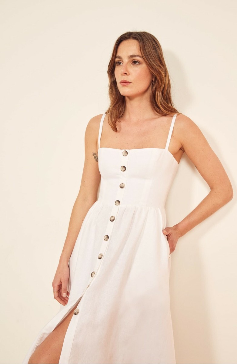 reformation tori linen dress REFORMATION White Linen Button Down TORI Smocked Sun-Dress + Pockets 20W 2X  NEW