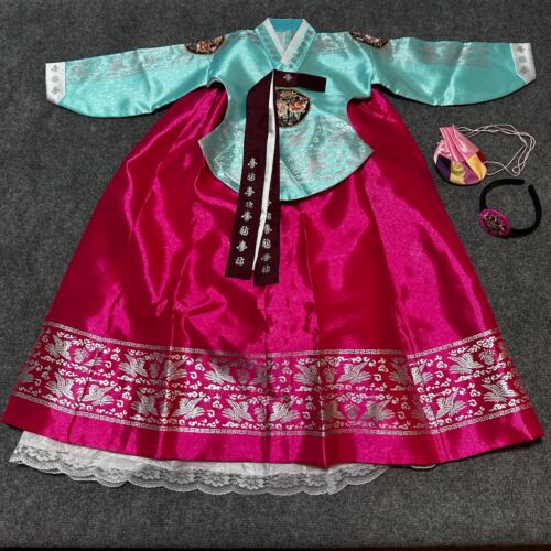 NEW Korean Hanbok Dress Youth Girls 10 Sky Blue Pink Traditional Ceremony Floral - Picture 1 of 15