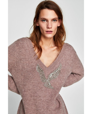 ZARA ALPAKA MISCHUNG ROSA STRASS PERLEN GLITZER PULLOVER SWEATER S
