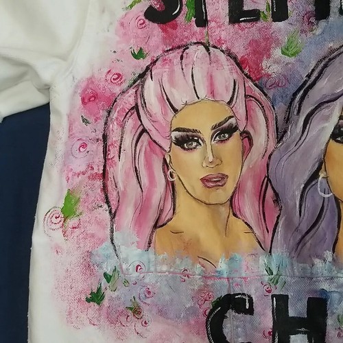 Hand Painted Denim Drag Customised Jacket Diva Fierce Glam Jacket White UK 14 - Picture 12 of 24