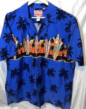 Vintage RJC XL Blue Hawaiian Shirt Mens Aloha Surfboards Palm Trees Sunset's USA