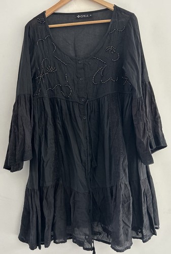 Ishka Dress Size M Black Long Sleeve Boho Bohemian Cotton Embroidered Button