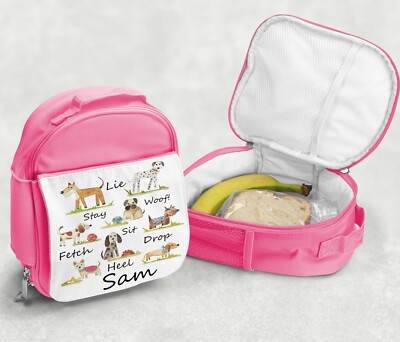 Personalisierte Brotzeittasche Mädchen, Schulbrotzeittasche, Schultasche mit Namen Hund rosa.