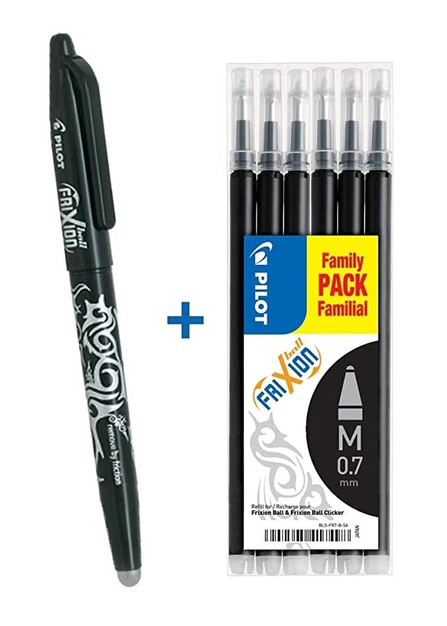 Lot de 1 stylos Roller + 1 set 6 recharges PILOT FRIXION 07 NOIR - Photo 1/1