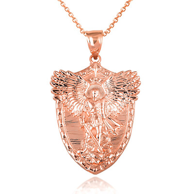14k Solid Gold Archangel Saint Michael Wings Sword & Shield Pendant Necklace