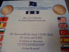 GENUINE NATO MEDAL CERTIFICATE - ACTIVE ENDEAVOUR POST 2011 - MINT CONDITION
