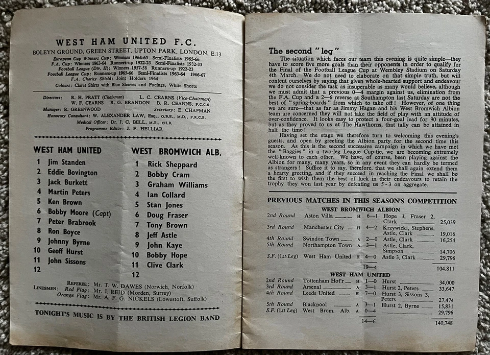 West Ham United v West Bromwich Albion League Cup Semi Final 8th February 1967 - Image 2 of 3