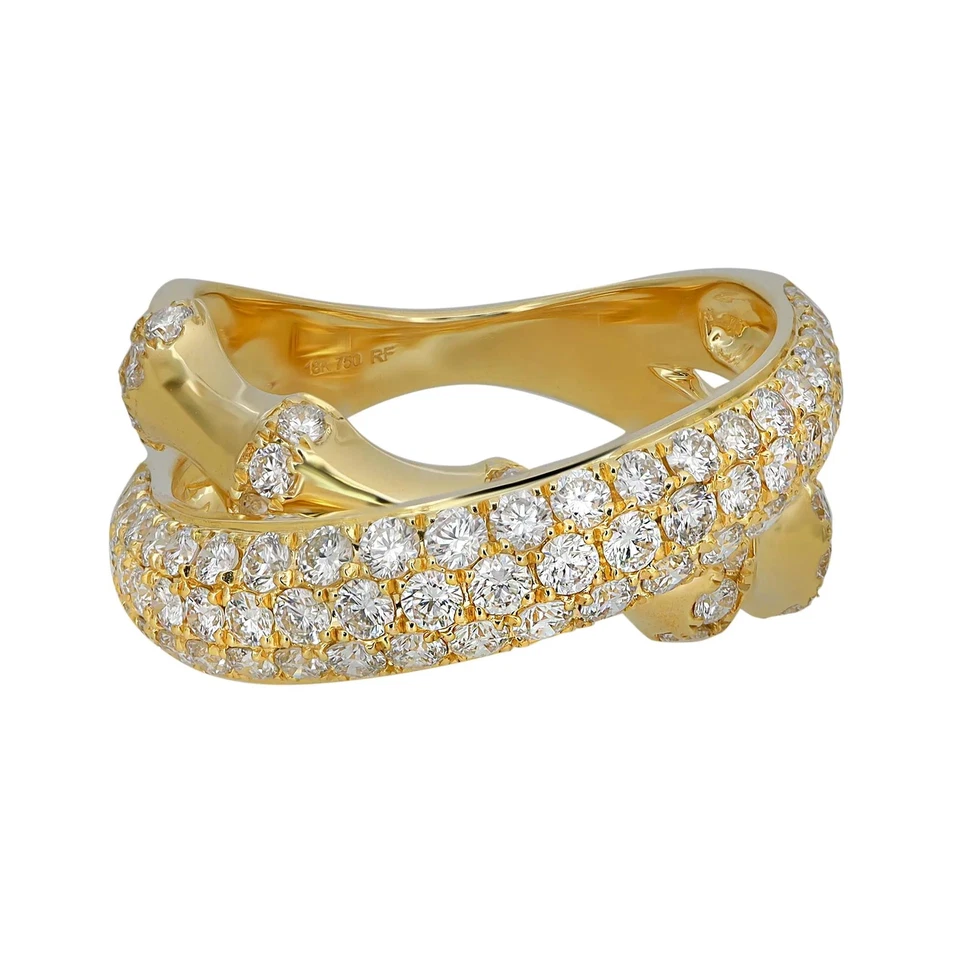 Pave Set Round Cut Diamond Crossover Band Ring 18K Yellow Gold 1.71Ctw Size 6.5