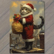 POSTCARD Cat Dressed Santa Sack Rooftop Holiday Christmas Presents Vintage Look
