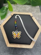 3.5" Handmade Silver-tone Etched Metal Hook Bookmark Enamel Butterfly Beaded 1