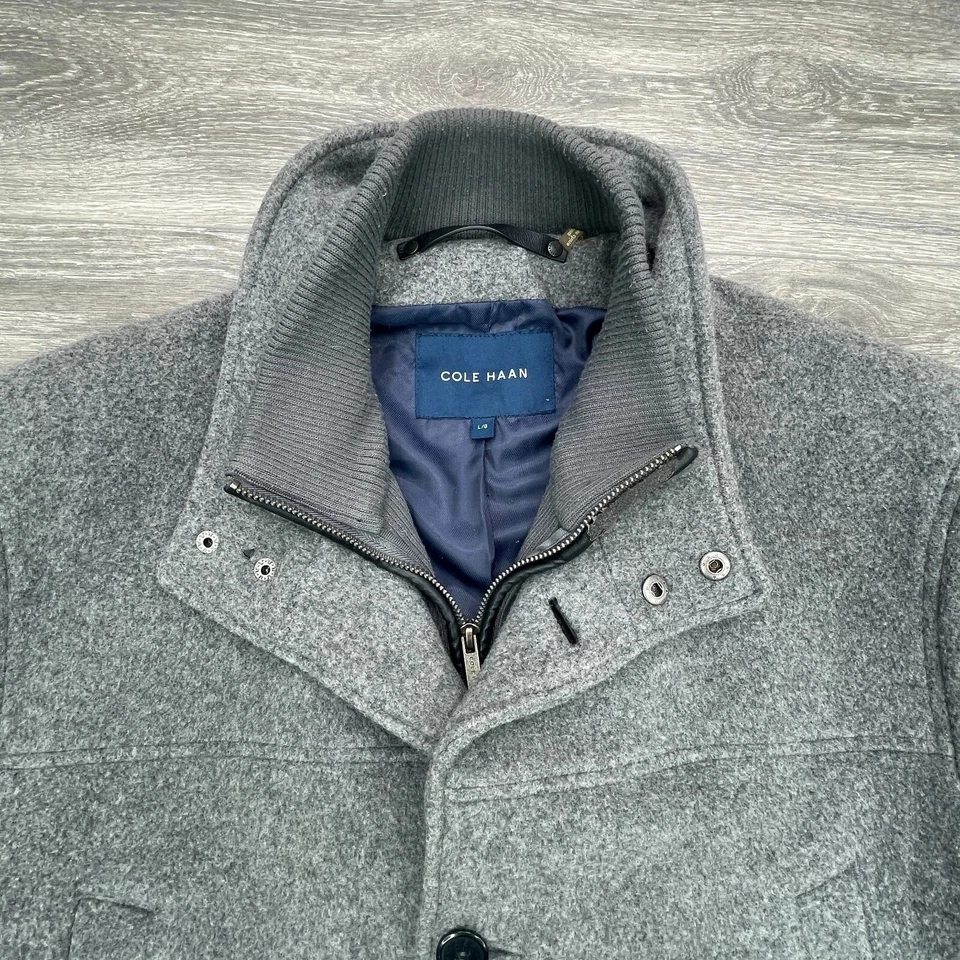 Cole Haan Jacket Mens Large Wool Cashmere Blend Full Zip Button Coat Preppy - Image 2 of 4