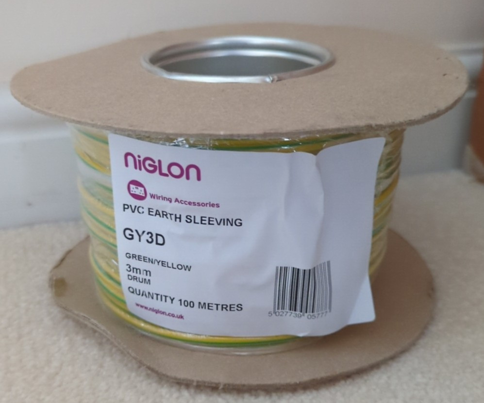 Niglon Earth Sleeving, GY3D, 3mm, PVC, Green/Yellow (100m Drum) - New