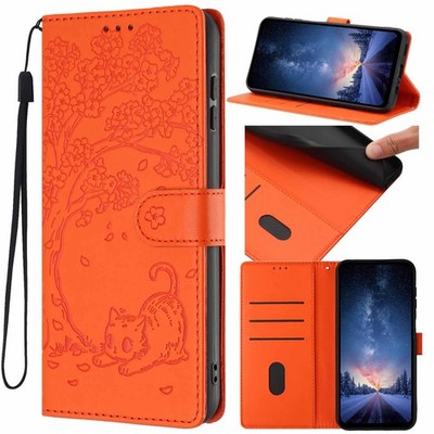 Emboss Tree Cat Wallet Phone Case For iPhone 17 16 15 14 13 12 11 Pro Max XR 16E