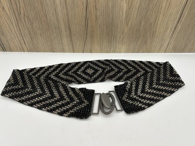 Seed Bead Stretch Belt Black Clear 2.5 in Wide Geometric Boho Chevron GUC