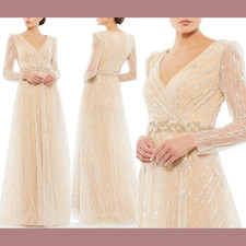 NEW Mac Duggal [ 18 ] 67859 Long Sleeve Gown Champagne With Silver Sequins S752