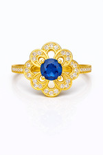 Gold Floral Halo Ring with Blue Center Stone and Pav  Accents