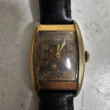 Vintage Tonneau Mens Gold Tone Black Leather Strap Wristwatch - For Parts