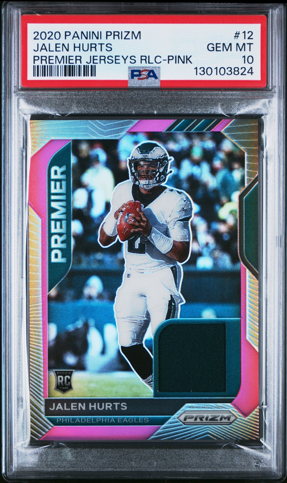 2020 PANINI PRIZM PREMIER JERSEYS RELICS PINK #12 JALEN HURTS PSA 10