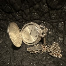 Silver Full Hunter Pocket Watch with Chain, Engraved Design, Arabic Numerals