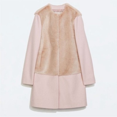 Zara Blogger Favorite Pink Faux Fur Wool Combination Jacket Coat Size XL Rare