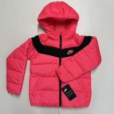 New NIKE 6 Medium Racer Pink Puffer Jacket Boys Girls Neon Black Full Zip Hood